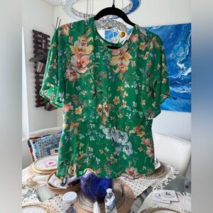 LOFT Green Floral Women's Blouse fitted waist sz 10
